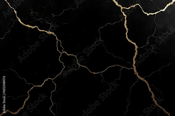Fototapeta Black marble texture with gold veins abstract background design with cracked lines and gold glitter details