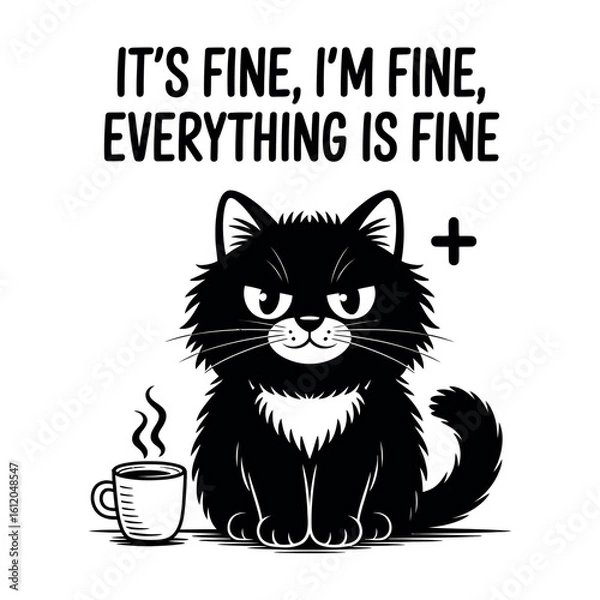 Fototapeta Grumpy black cat with coffee and text vector