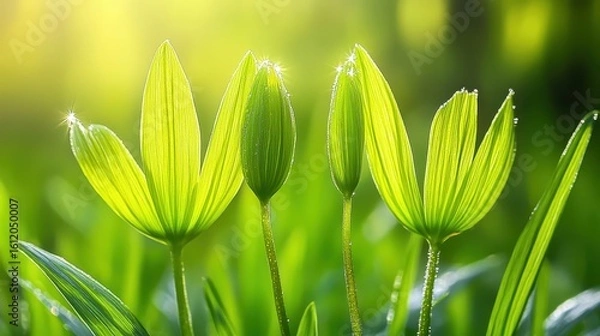 Obraz Fresh Green Leaves with Dew in Morning Light on Vibrant Background