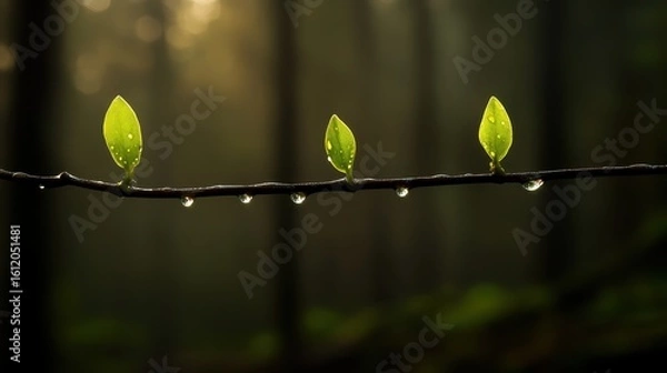 Fototapeta Fresh Green Leaves with Water Droplets in Soft Forest Light