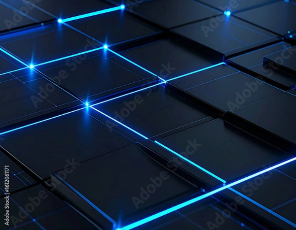 Fototapeta Renderizado 3D de red digital futurista con líneas de luz azul y fondo transparente

