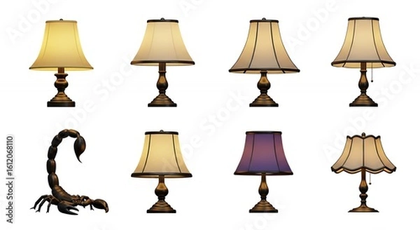Fototapeta Collection of different table lamps and a scorpion on white background