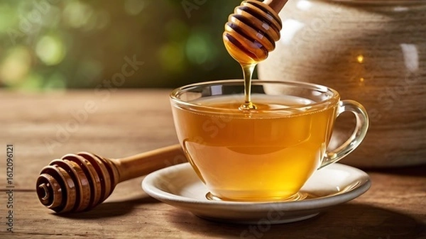 Obraz Honey jar with honeycomb and wooden honey dipper on white background