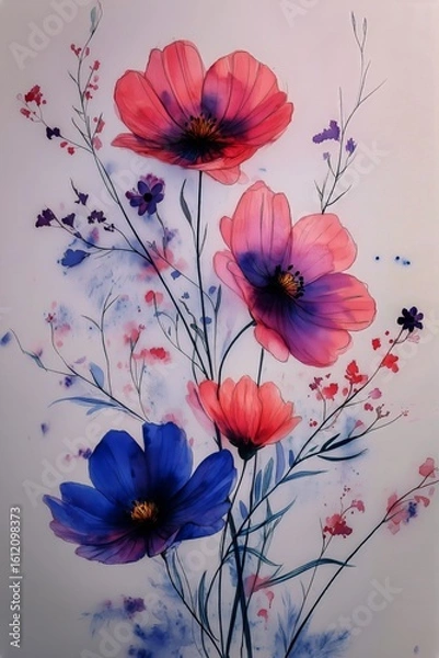 Fototapeta Colorful Floral Painting Featuring Cosmos Flowers in Vibrant Shades of Pink and Blue