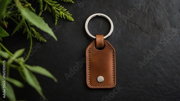 Obraz Blank price tag hanging on wooden background with keychain and metal key elements nearby