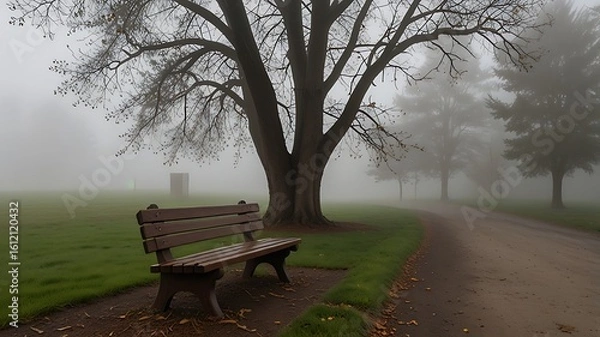 Obraz Lonely bench in a quiet foggy park surrounded by nature