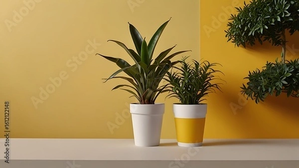 Obraz Potted plant on a table near vase in indoor setting
