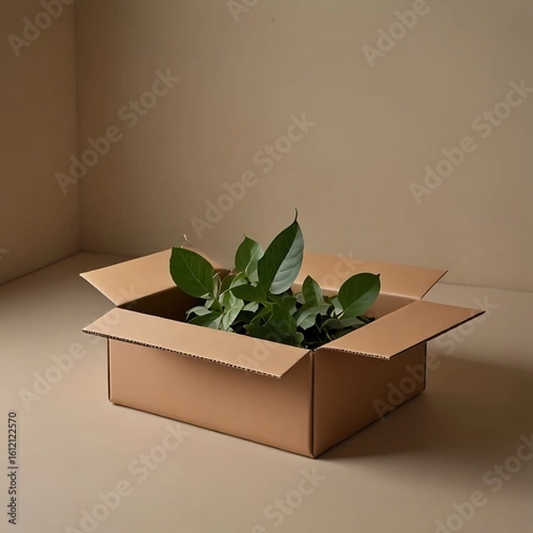 Obraz Cardboard box with green plant inside gift package vector icon