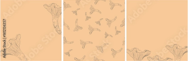 Fototapeta Set of chanterelles on a pale orange background. Hand-drawn sketch style. Perfect for social media (instagram), textiles, packaging, and backgrounds.