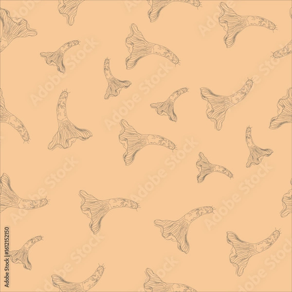 Fototapeta Seamless pattern with chanterelles on a pale orange background. Hand-drawn sketch style. Perfect for textiles, packaging, and backgrounds.