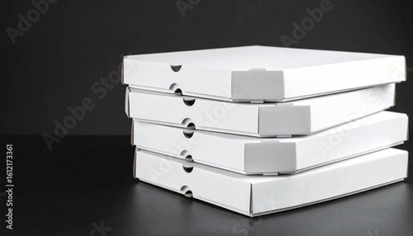 Fototapeta Stack of four closed white pizza boxes on black background — minimalist composition emphasizing contrast, geometry, and utilitarian packaging design.