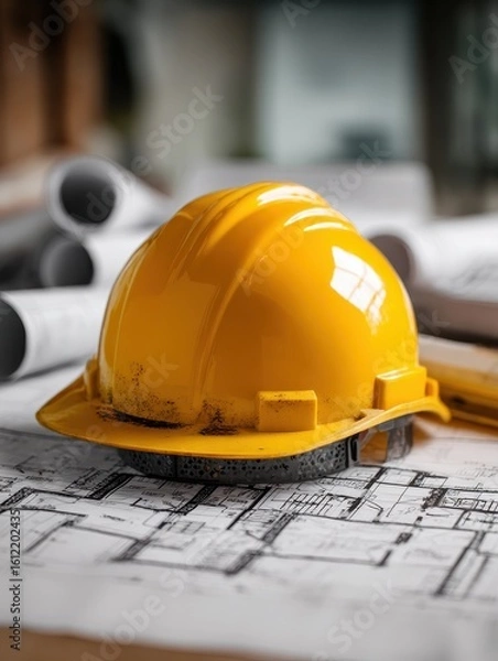 Fototapeta Construction worker's hard hat on top of blueprint for building design and planning