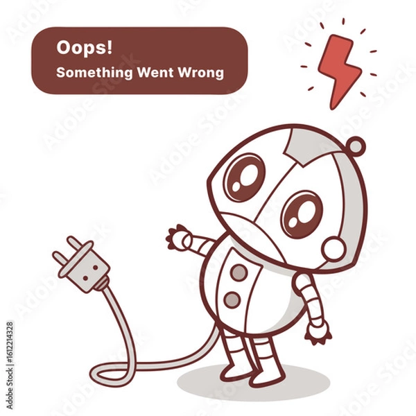 Fototapeta Sad  Cute Robot Holding a Pulled Plug with ‘Oops! Something Went Wrong’ Message — System Crash or Tech Error Concept