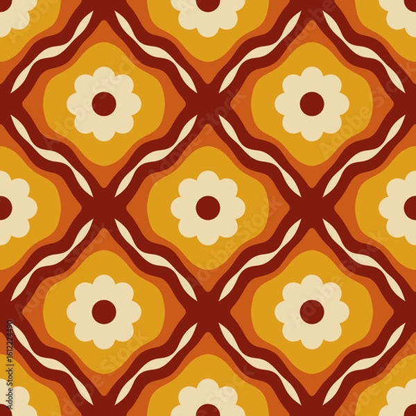 Fototapeta Seamless Pattern A vibrant retro 70s pattern with floral-inspired shapes and smooth geometric lines, radiating warmth, energy, and groovy optimism.