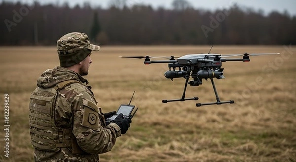 Fototapeta Soldier in uniform operating a large military-grade drone with a remote control, concept of modern unmanned aerial warfare and surveillance.