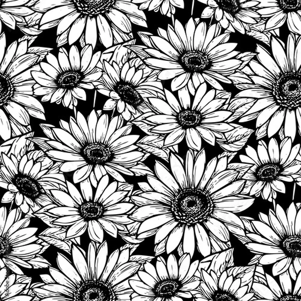 Fototapeta seamless pattern of large black and white flowers on a black background, texture, design