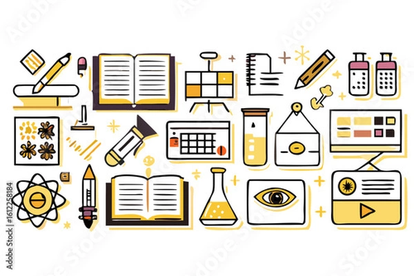 Fototapeta Illustration featuring science and education elements including books and lab equipment in yellow and black created with generated ai