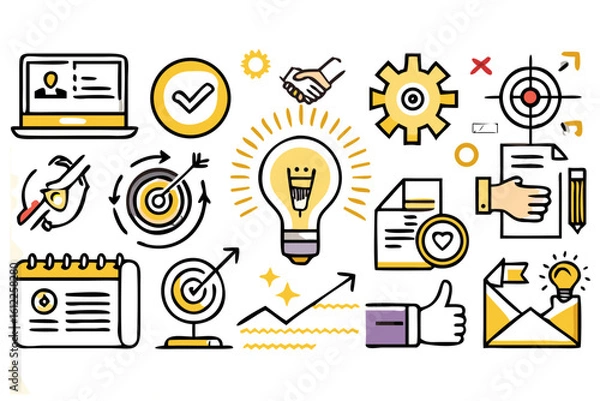 Fototapeta Illustration showing business icons including a lightbulb, target, handshake, and calendar design created with generated ai