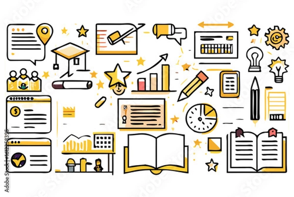 Fototapeta Illustration featuring a collection of business and education icons with a hand drawn doodle style design created with generated ai