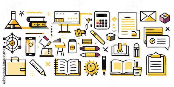 Fototapeta Illustration of various school and office supplies including books pens and a computer screen display created with generated ai