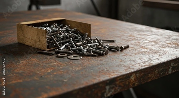 Fototapeta Assorted fasteners on rusty metal