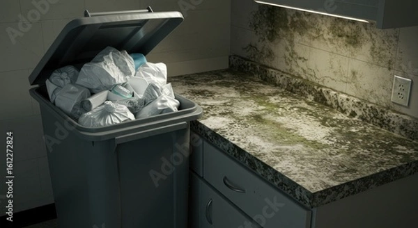 Fototapeta Overflowing trash can in a dimly lit kitchen