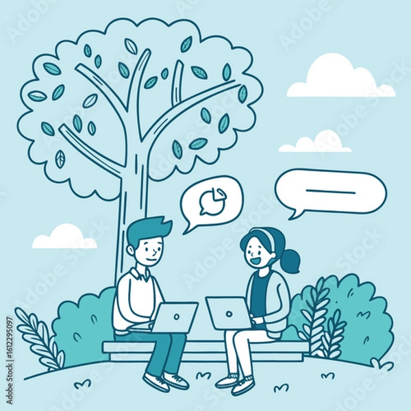 Fototapeta Two young adults a man and a woman sitting on a bench under a tree using laptops and communicating with speech bubbles