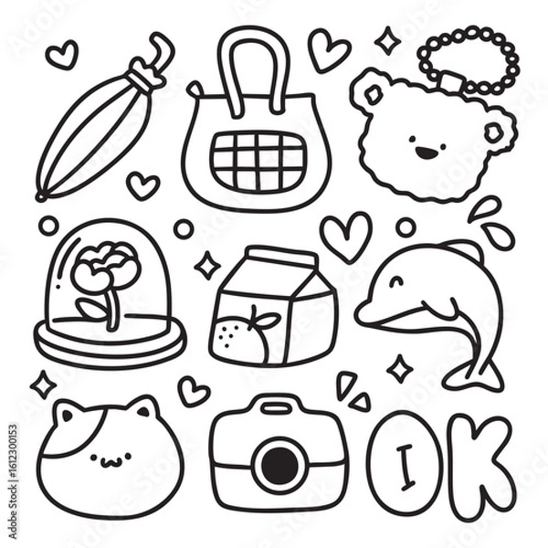 Obraz Cute Kawaii Hand Drawn Doodles Elements for Coloring Page