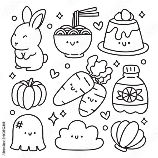 Obraz Cute Kawaii Hand Drawn Doodles Elements for Coloring Page