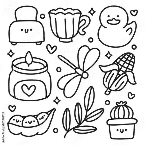 Obraz Cute Kawaii Hand Drawn Doodles Elements for Coloring Page