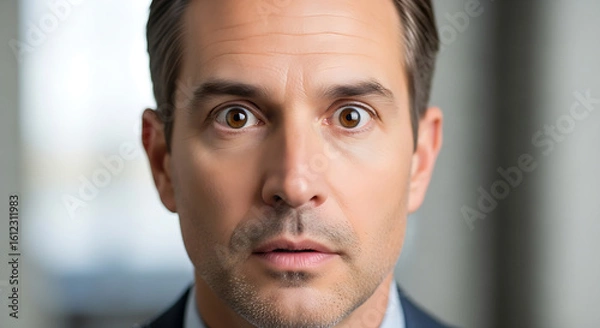 Fototapeta Shocked Businessman Wide Eyes Open Staring Directly at Camera Expressing Surprise and Disbelief in a Professional Setting