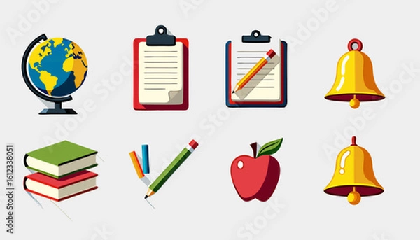 Fototapeta Educational icons including globe, books, pencil, and checklist  