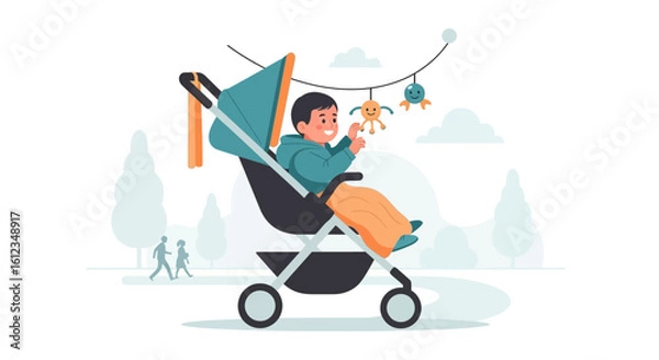 Fototapeta Cheerful baby in a stroller enjoying a park outing with toys and passersby on a sunny day