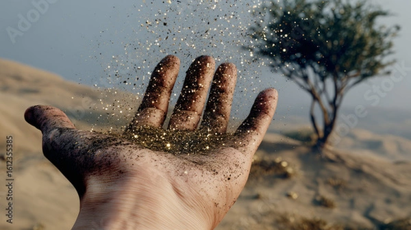 Fototapeta Une main ouverte tient une poignée de sable, étincelles avec des arbres et de l'herbe qui poussent au milieu du désert : reverdir le désert et lutter contre l'aridification, rendre le désert fertile