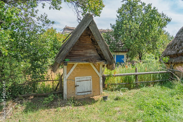 Obraz Ancient, rural European village A quaint scene featuring a weathered wooden cottage with thatched roof and compact design, visible door, small upper windows Rustic fence, lush greenery grasses, bu