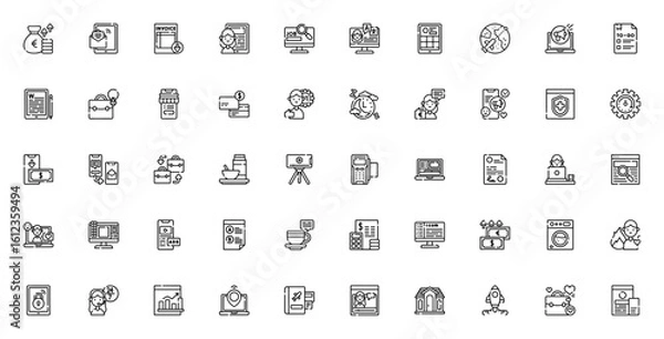 Obraz Digital Nomad icon set. Minimal vector illustrations. Includes symbols for income, travel, content writing, online shop, productivity, vlog, research, startup and more. Editable stroke.