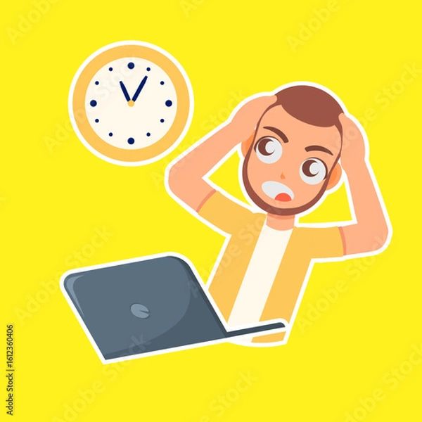 Fototapeta Deadline Dilemma: A stressed individual frantically grasps his head in exasperation, a stark visual representation of the pressing deadline, amplified by the looming clock.