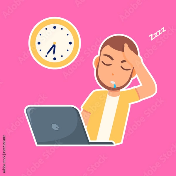 Fototapeta Sleeping at Work: A weary individual slumbers at his desk, head resting on his hand. The time ticks away as the laptop remains open. This illustration captures a moment of exhaustion in the workplace.