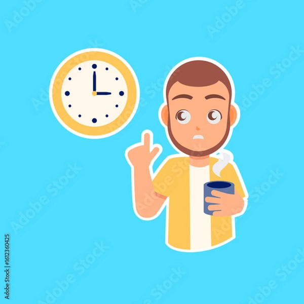 Fototapeta Coffee Break Dilemma: A person, mug in hand, watches the clock in contemplation, the dilemma of a break captured in a moment of contemplation and anticipation.