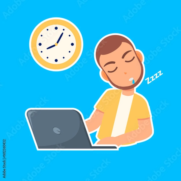 Fototapeta Restful Slumber Overload: A man finds rest after a long day, taking a nap over the keyboard, with a clock symbolizing long working hours. 