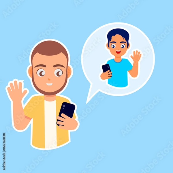 Fototapeta Friendly Phone Call: A charming illustration showing a man engaged in a video call, his image and the image of his friend both rendered in a clean, friendly graphic style.This captures the main ideas 