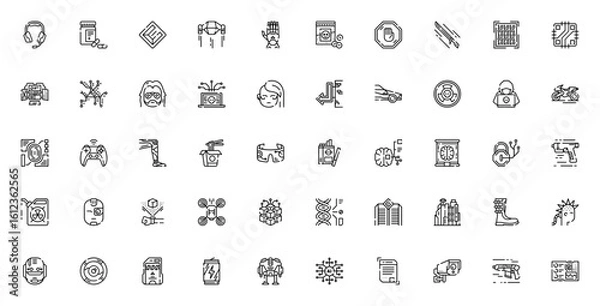 Obraz Cyberpunk icon set. Futuristic vector collection. Includes headphones, katana, hacker, neon sign, cyborg, drone, AI, security and more. Editable cyberpunk graphics.