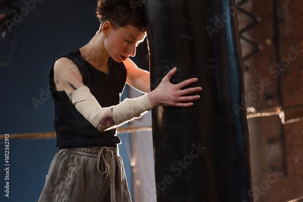 Obraz A woman in a boxing ring, tiredly leaned on a punching bag to regain her breath after an intense workout. The photo is in a cinematic style, the light gives the mood to a sports motivational story