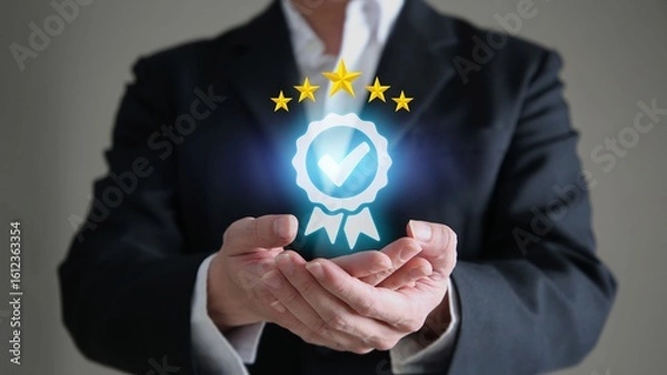Fototapeta Businessman shows the sign of the top service Quality assurance 5 star, Guarantee, Standards, ISO certification and standardization concept.