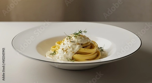 Fototapeta Pasta with Creamy Sauce and Dill in White Bowl Food Presentation