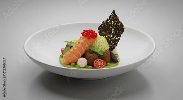 Fototapeta Salmon Dish with Caviar and Vegetables on White Plate
