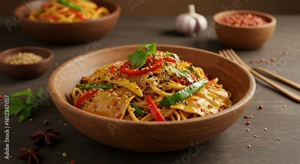Fototapeta Serving of Noodles with Vegetables in Wooden Bowl on Table