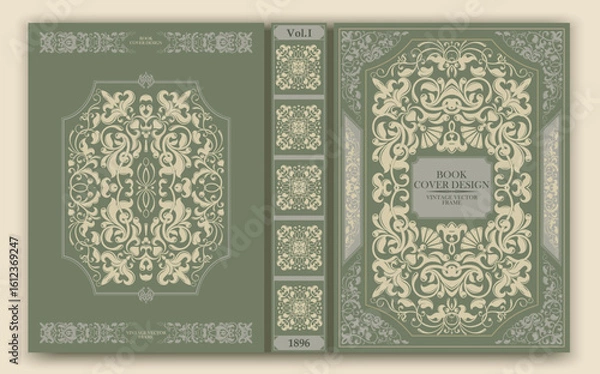 Fototapeta Vector. Vintage book cover with decorative ornament in rococo style. Delicate olive and cream tones create the atmosphere of an old edition and are ideal for retro projects. 
