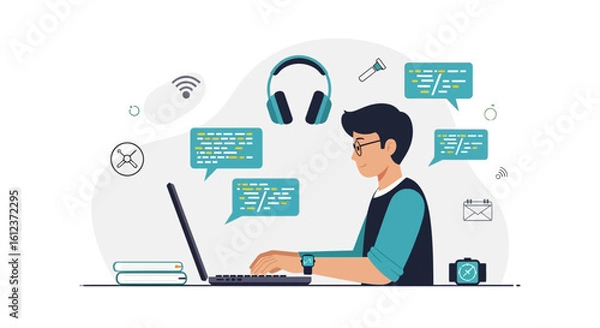 Fototapeta Illustration of a young programmer coding with laptop surrounded by tech elements