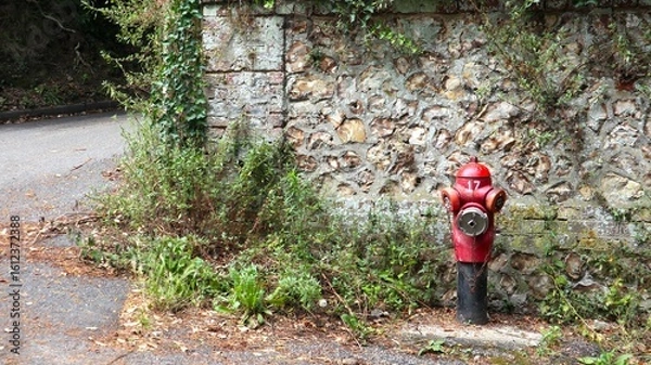 Obraz French fire hydrant in front of a stone wall in Normandy, France. Red and iconic.
